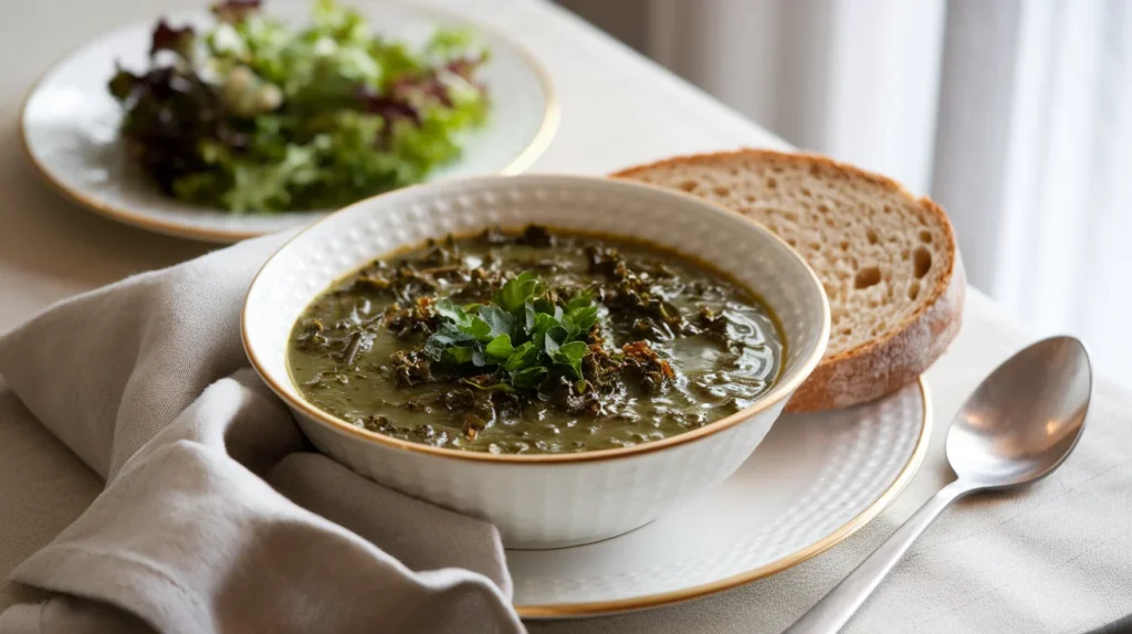 A styled table setting featuring a bowl of kale soup garnished with parsley, served with gluten-free bread and a green salad on the side, with a linen napkin and spoon in soft natural light.