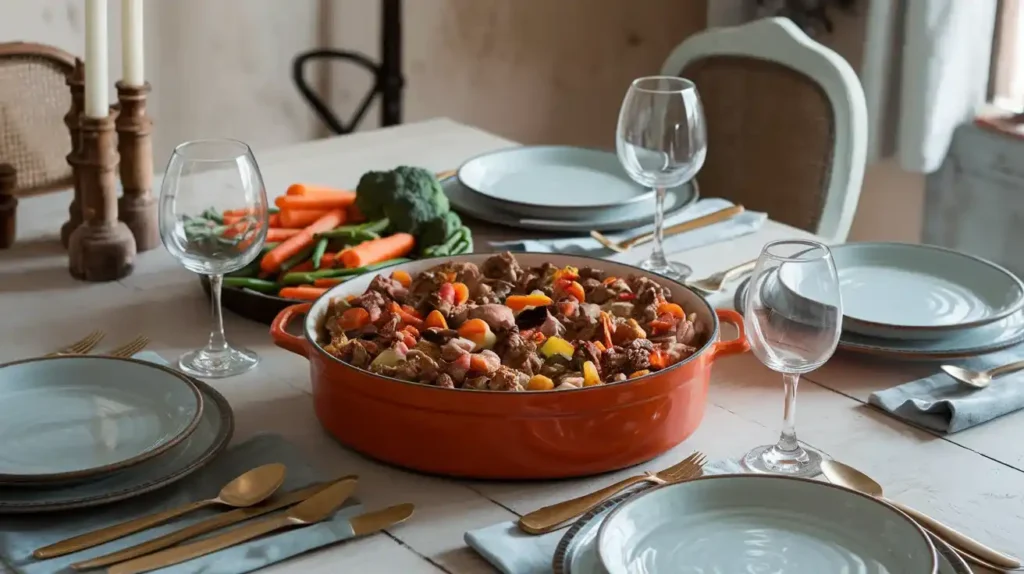 A serving of chicken casserole with fresh vegetables.