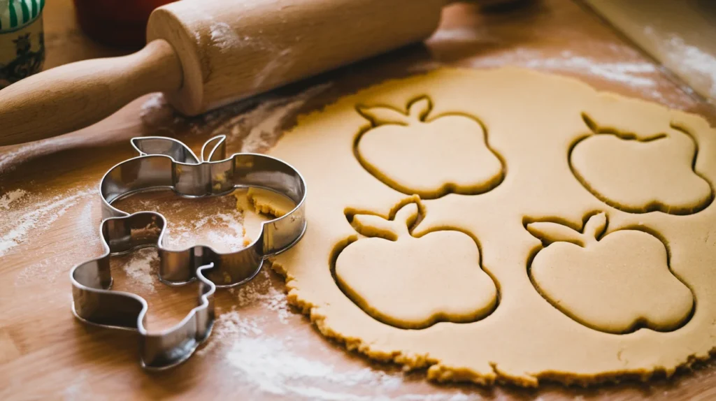 Rolled-out cookie dough on a kitchen countertop with apple-shaped cookie cutters and neatly cut cookie pieces, alongside a rolling pin and a light dusting of flour.