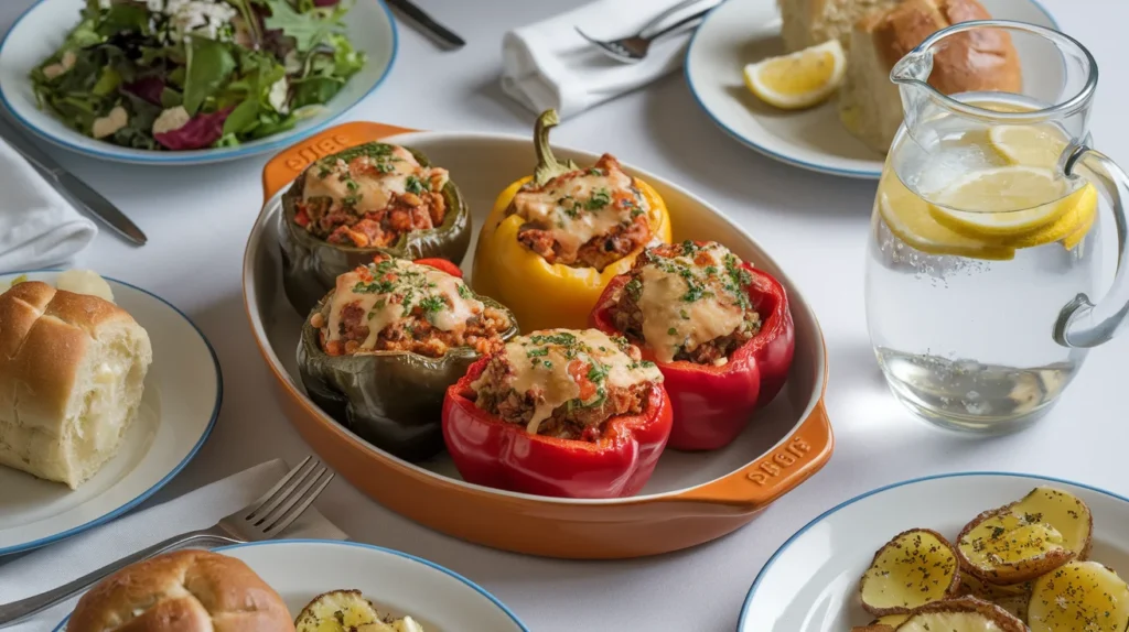 A dinner table featuring stuffed bell peppers on a serving dish, paired with sides like a leafy green salad, crispy garlic potatoes, and warm dinner rolls, with a lemon water pitcher adding a refreshing touch.