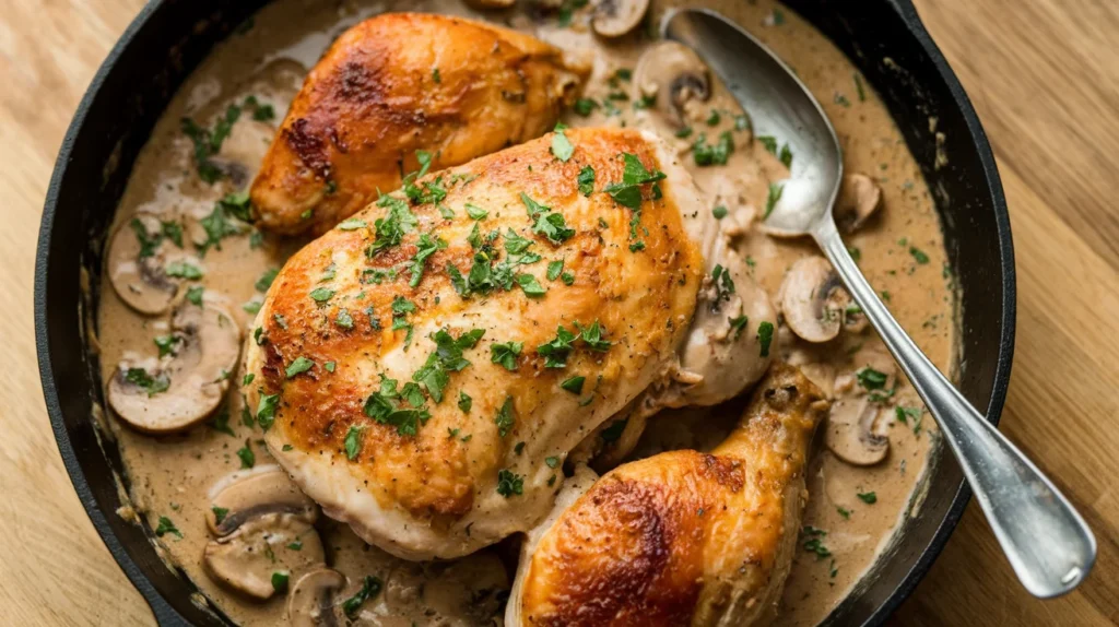 A skillet with golden-brown chicken pieces simmering in thick, creamy mushroom soup sauce, garnished with parsley, placed on a wooden countertop with a spoon resting beside it