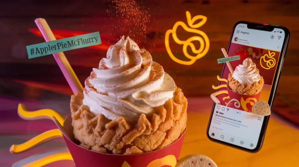 A trendy Instagram-style photo of an Apple Pie McFlurry dessert, with vibrant lighting and decorative elements, including a smartphone showing an Instagram post of the dessert with hashtags like #ApplePieMcFlurry.