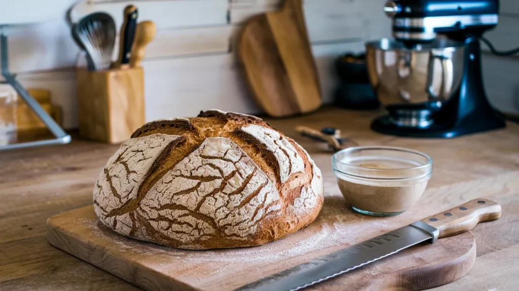 A rustic loaf of sourdough einkorn bread with a cracked, flour-dusted crust on a wooden cutting board, accompanied by a small bowl of sourdough starter and a knife.