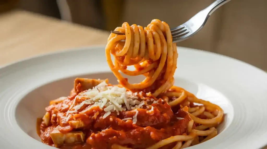 A fork twirling spaghetti coated in rich pork bolognese sauce, garnished with basil leaves