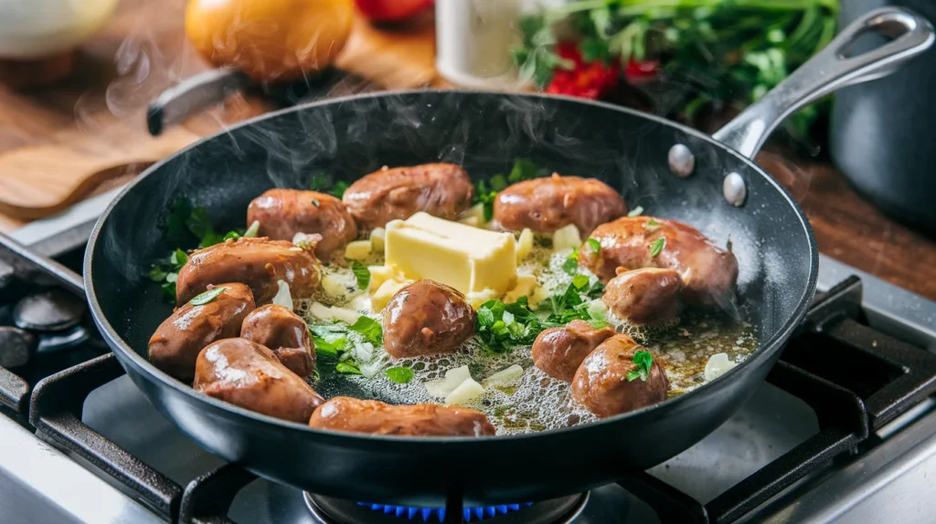 Beef kidneys being sautéed in a skillet with bubbling butter, golden-brown shallots, and fresh parsley on a wooden countertop, capturing an active cooking process.