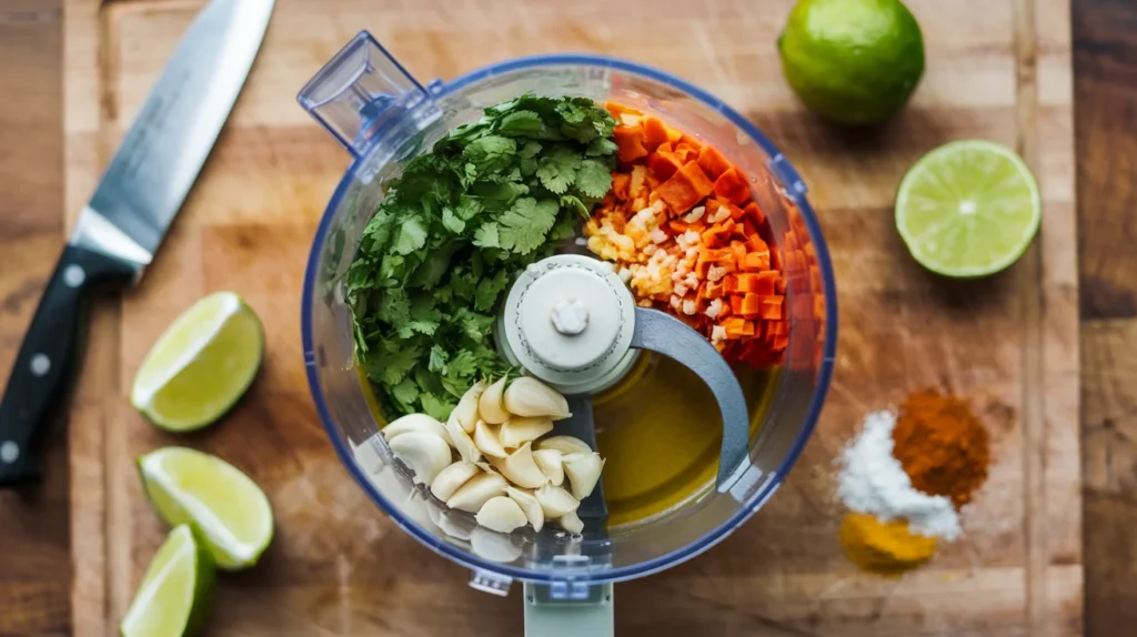 Overhead view of a food processor blending cilantro, lime juice, garlic, olive oil, and spices, with lime slices and a knife on a wooden cutting board.