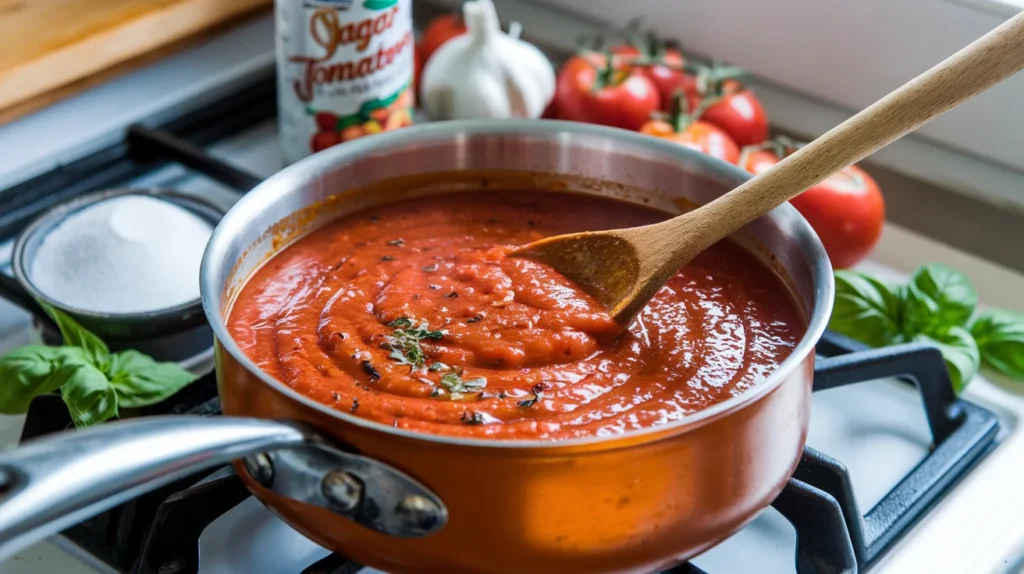 A saucepan with simmering sweet tomato sauce, featuring visible herbs like oregano and basil, with a wooden spoon stirring the sauce and ingredients like canned tomatoes, garlic powder, and sugar nearby.