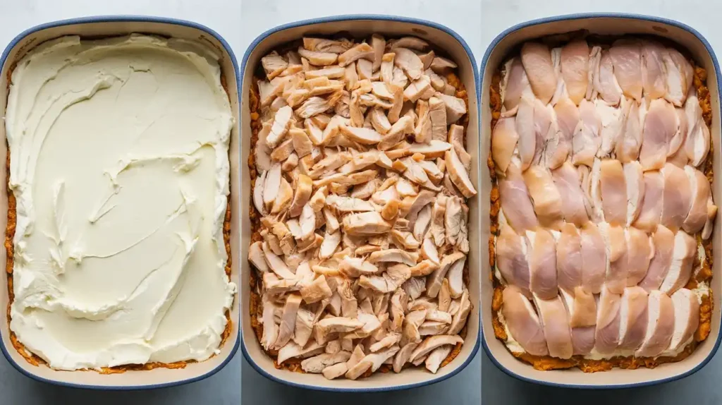 Assembling the layers of the chicken casserole.