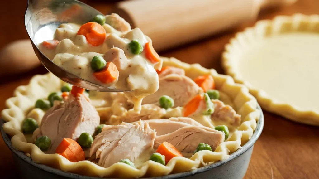 Partially assembled chicken pot pie with creamy filling being spooned into a prebaked crust, with a rolling pin and unrolled crust in the background.