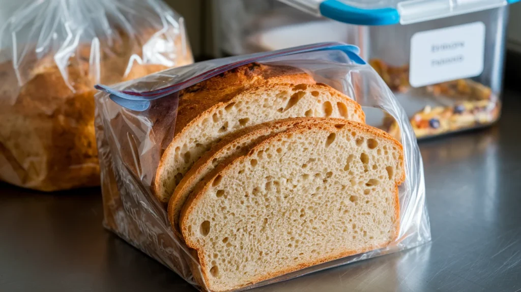 Sliced einkorn bread stored in a resealable plastic bag on a kitchen counter, showing its soft crumb and golden crust with freezer storage options in the background.