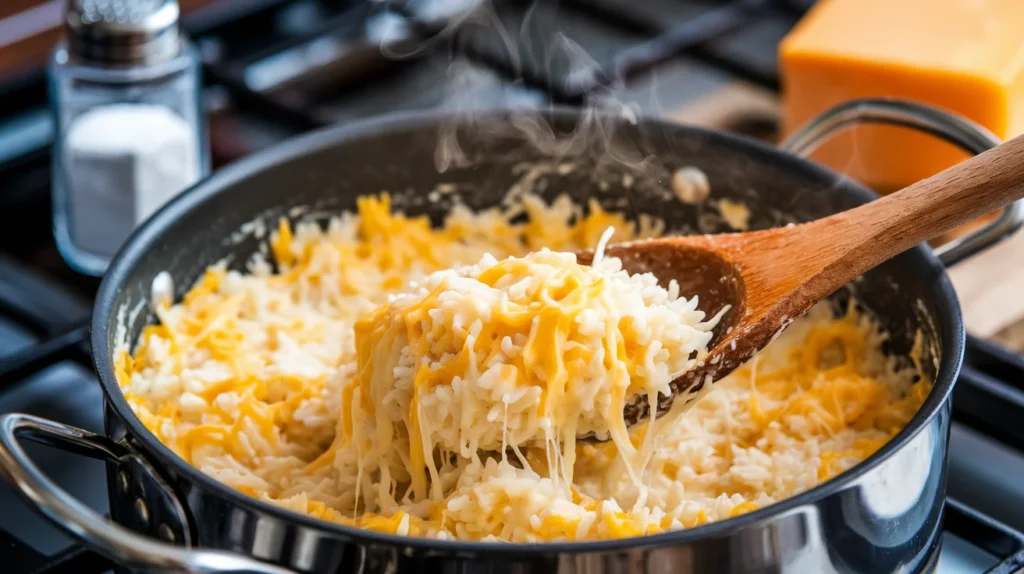 A pot of creamy, golden cheesy rice being stirred with a wooden spoon on a stovetop, with steam rising and cheese visibly melting, creating a warm and inviting scene.