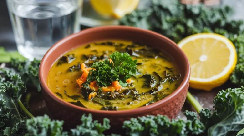 Close-up of a bowl of kale soup in golden broth, garnished with parsley, surrounded by fresh kale leaves, a lemon slice, and detox-friendly ingredients in a warm, vibrant setting.