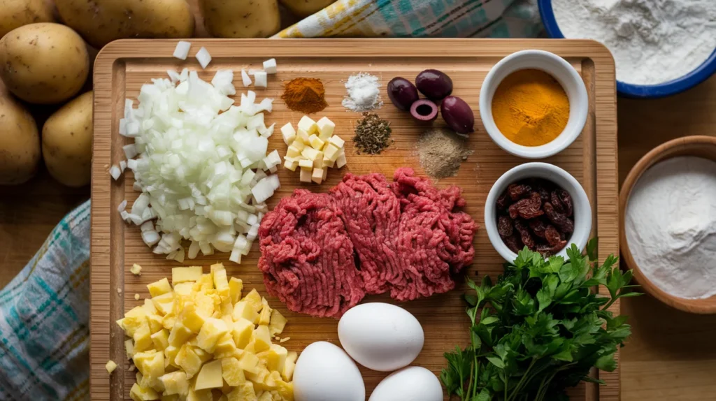 Top-down view of ingredients for papas rellenas: ground beef, chopped onions, garlic, cumin, paprika, oregano, olives, raisins, hard-boiled eggs, and parsley on a wooden cutting board with potatoes and flour in the background.