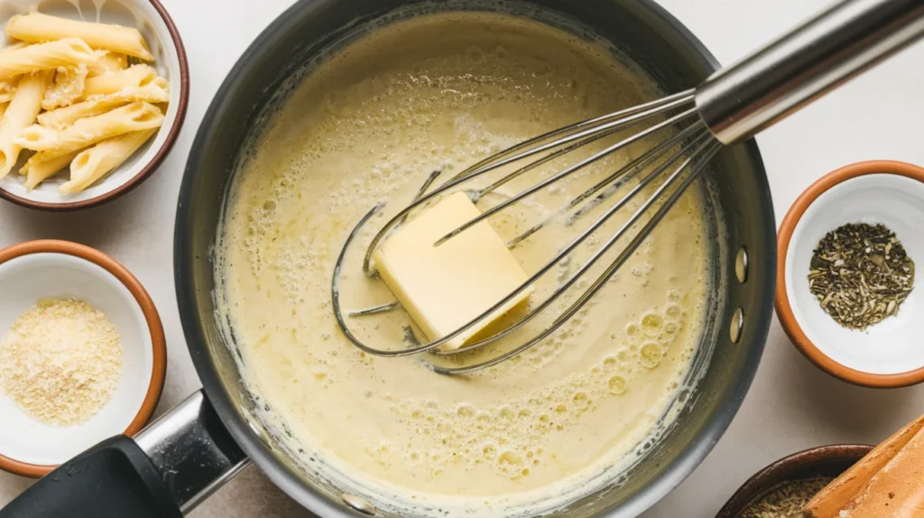 A saucepan filled with smooth garlic parmesan sauce, with a dollop of butter melting into it and a whisk partially visible, surrounded by small bowls of parmesan cheese and Italian seasoning.