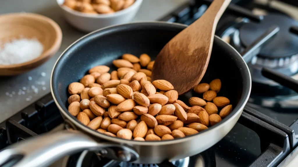 Golden toasted almonds in a small pan being stirred with a wooden spoon, surrounded by raw almonds and a sprinkle of salt.