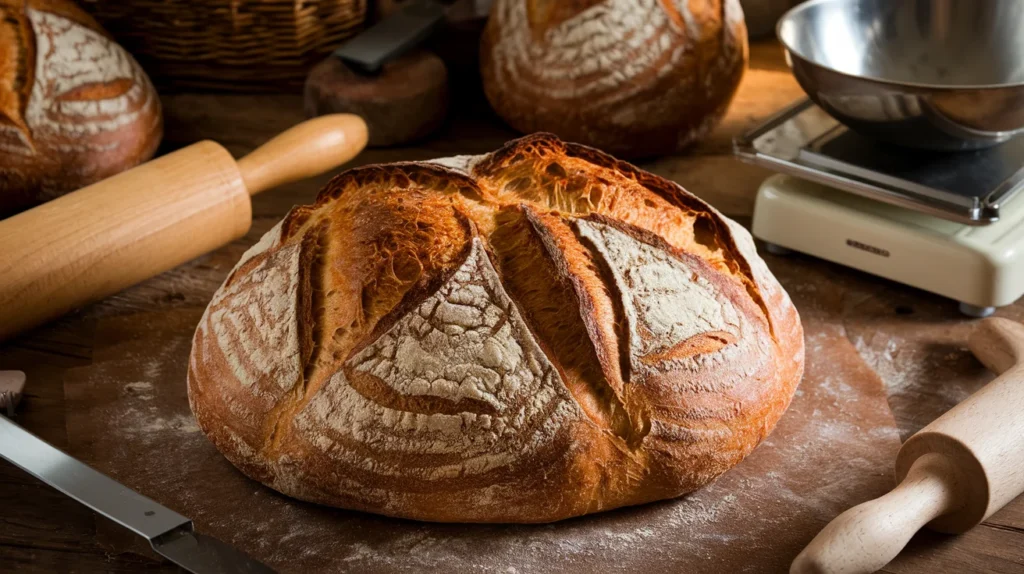 A freshly baked rustic artisan bread loaf with a golden-brown crust on a wooden table, surrounded by baking tools such as a rolling pin, kitchen scale, and a bowl of dough.