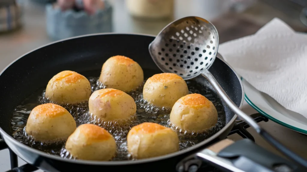 Golden-brown papas rellenas frying in hot oil in a pan, with a slotted spoon nearby and a plate lined with paper towels for draining the stuffed potato balls.