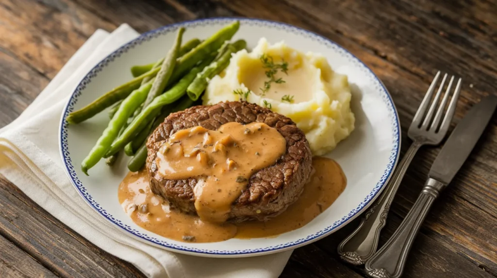 A plate of old fashioned Salisbury steak with onion gravy, served alongside creamy mashed potatoes and crisp green beans on a rustic wooden table