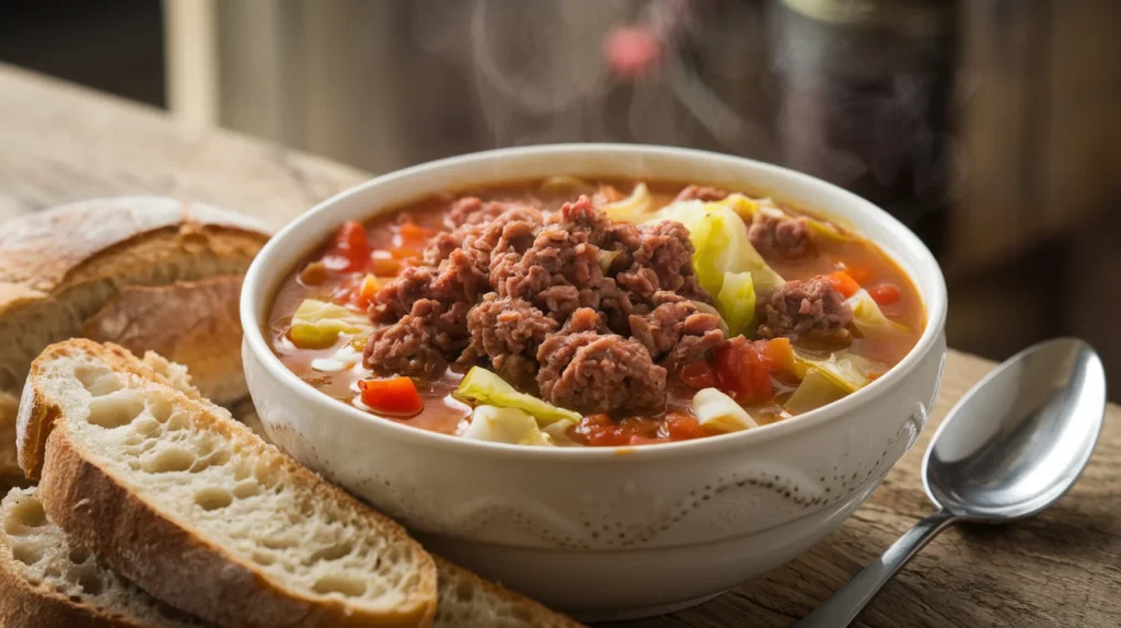 A steaming bowl of ground beef cabbage soup with chunks of cabbage, ground beef, and diced tomatoes in a rich broth, accompanied by crusty bread and a spoon