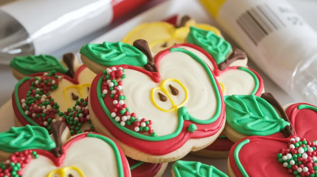 Close-up of apple-shaped cookies decorated with vibrant red, green, and yellow icing, featuring detailed stems, leaves, and a bitten apple design, with icing bags and sprinkles in the background.