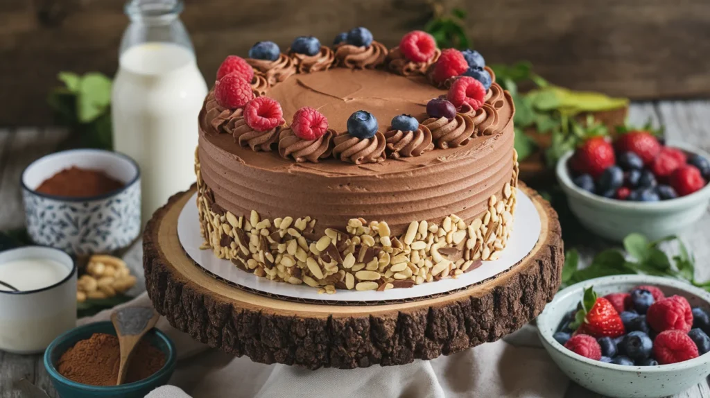 A vegan chocolate cake with rich frosting displayed on a rustic cake stand, surrounded by plant-based ingredients including almond milk, cocoa powder, and fresh berries.