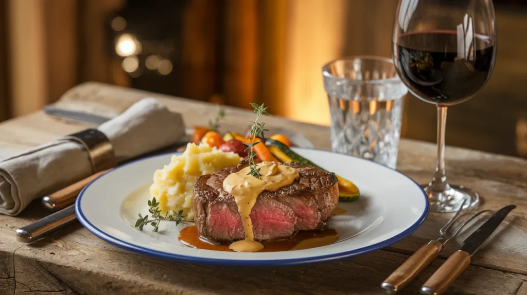 A complete meal of Rognons à la Moutarde paired with buttery mashed potatoes, roasted vegetables, and a glass of red wine on a rustic wooden table, garnished with a sprig of thyme.