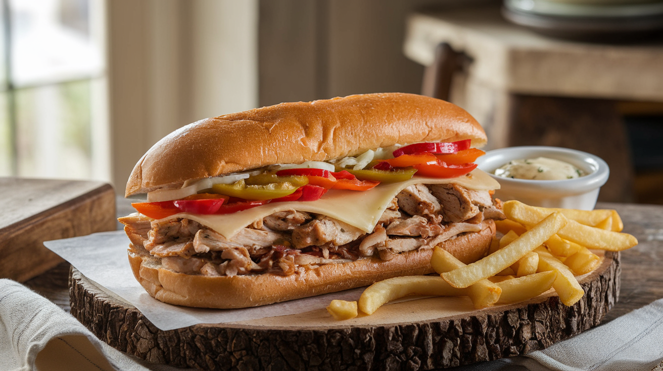 A chicken Philly cheesesteak sandwich on a wooden serving board, filled with juicy chicken, bell peppers, onions, and melted cheese, accompanied by crispy fries and a small dipping bowl of garlic aioli in a rustic kitchen setting.