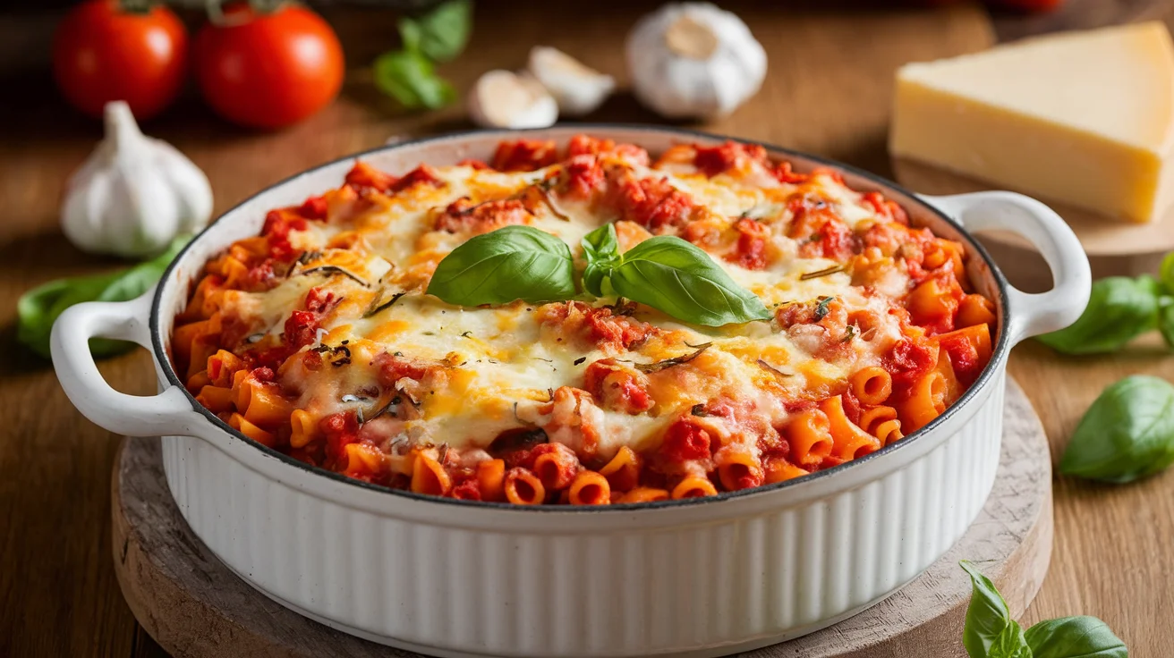 A rustic white casserole dish filled with baked ziti with no meat, topped with golden, bubbly cheese and fresh basil leaves. Surrounding the dish are fresh tomatoes, garlic, and Parmesan cheese on a wooden kitchen table.