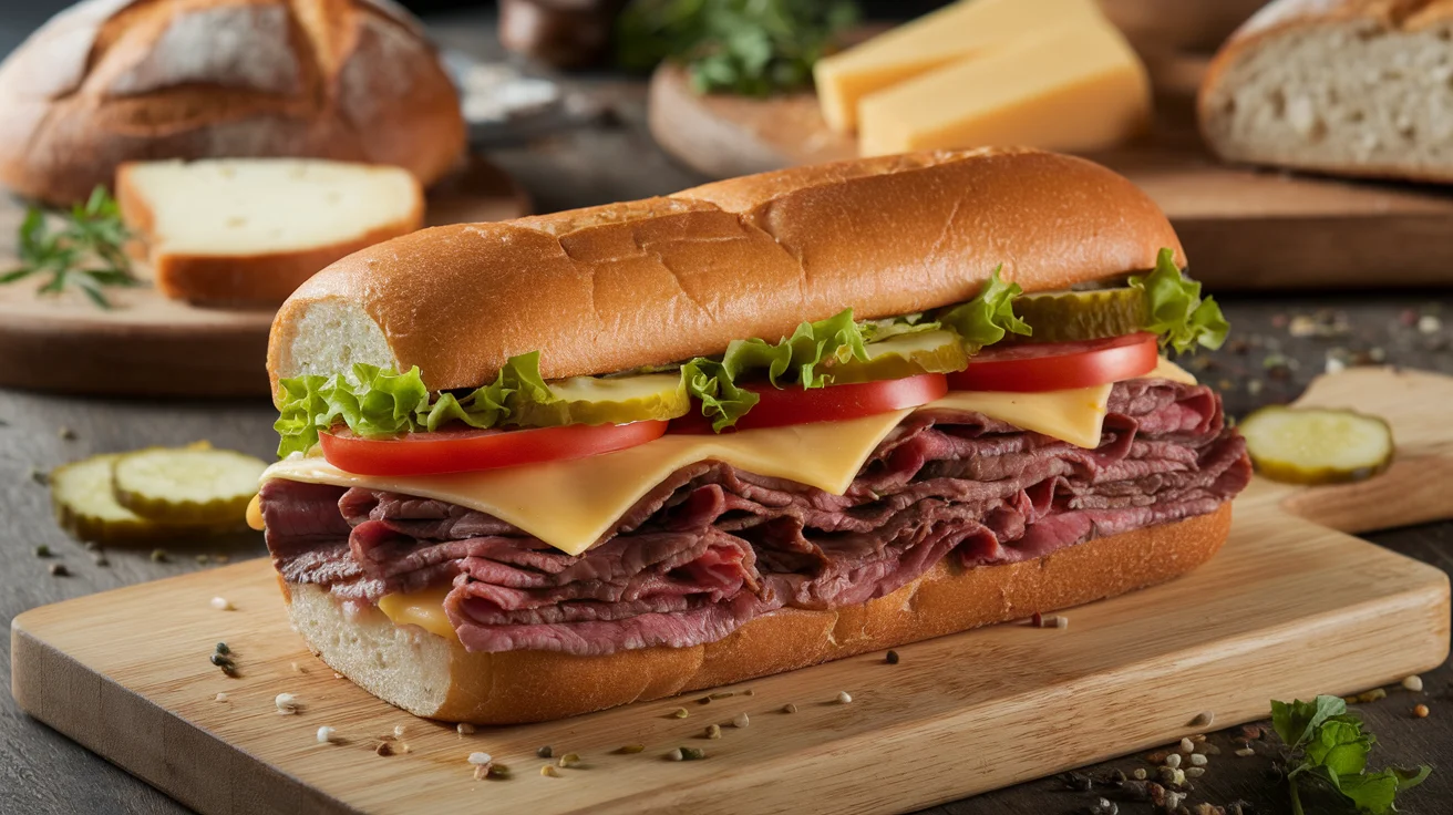 Overhead view of a beef and cheese deli sandwich on a wooden cutting board, featuring layers of sliced beef, melted cheese, lettuce, and tomato. Condiments, bread, and cheese slices are visible in a rustic kitchen setting