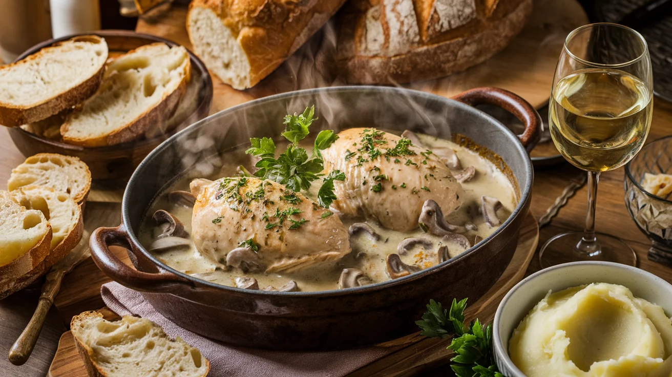 rustic casserole dish filled with chicken in creamy mushroom soup sauce, garnished with fresh parsley, surrounded by crusty bread, mashed potatoes, and a glass of white wine on a cozy dinner table.