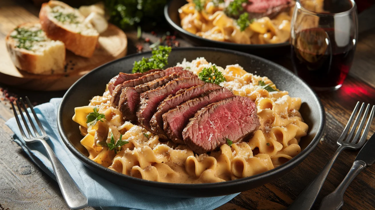 Creamy steak pasta with seared steak slices, rich Alfredo sauce, fresh parsley, and grated Parmesan on a rustic wooden table