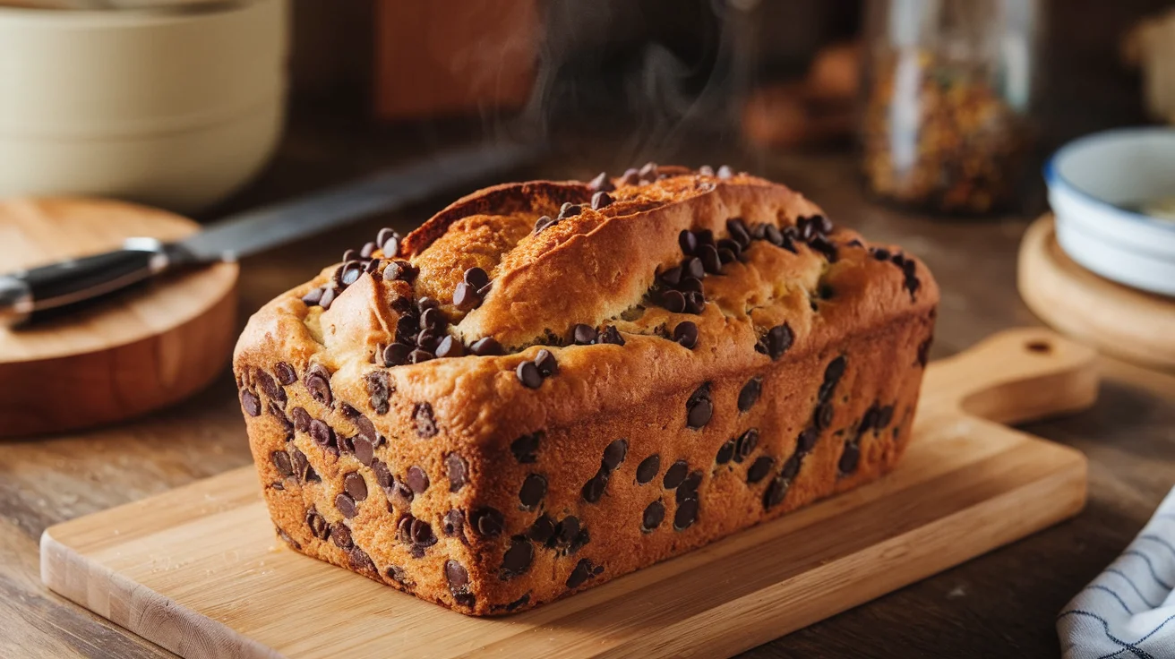 Freshly baked chocolate chip bread on a wooden board.