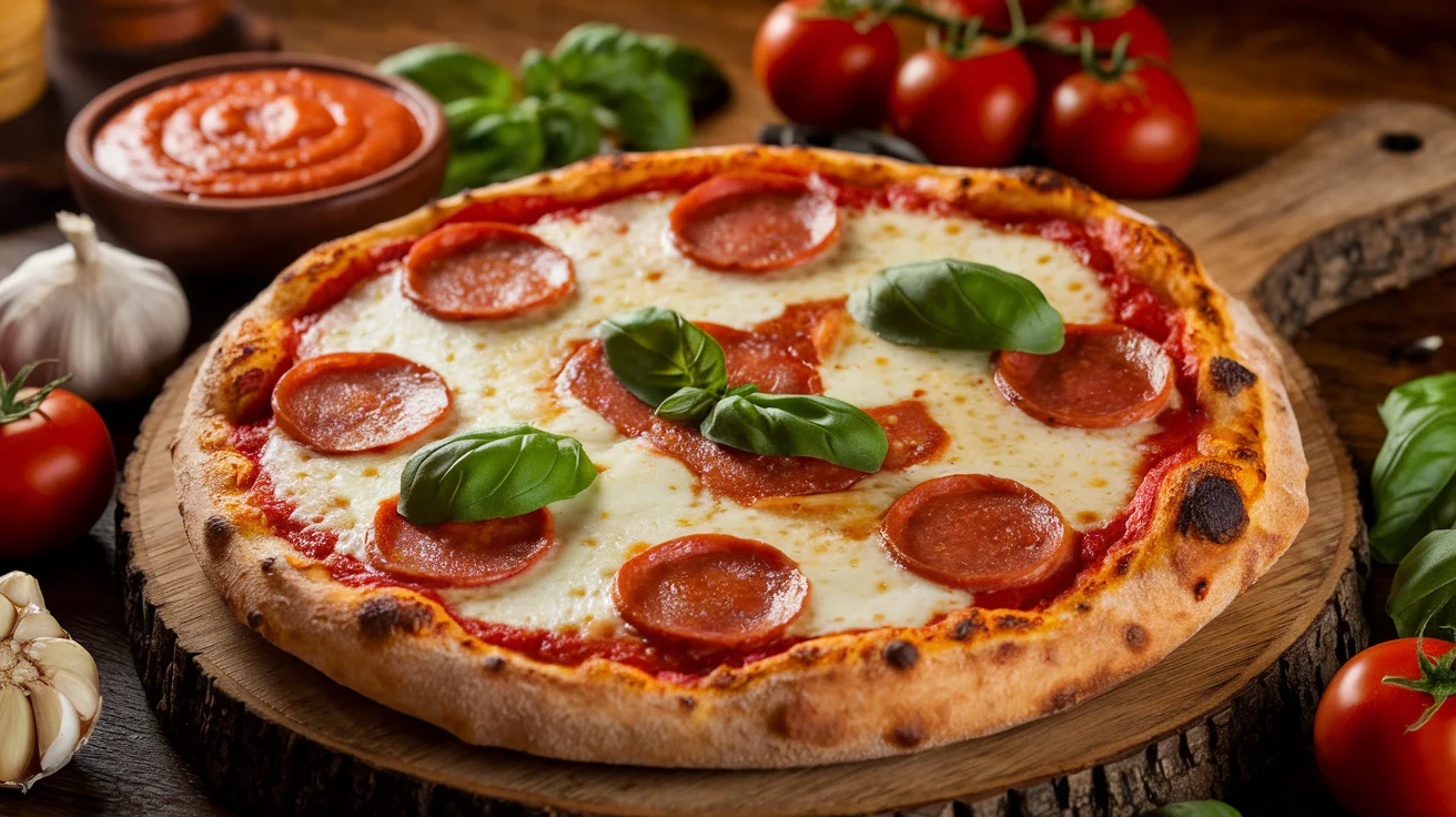 A freshly baked pizza topped with glossy sweet tomato sauce, melted mozzarella cheese, pepperoni, and fresh basil leaves, placed on a rustic wooden board surrounded by fresh tomatoes, garlic, and basil.