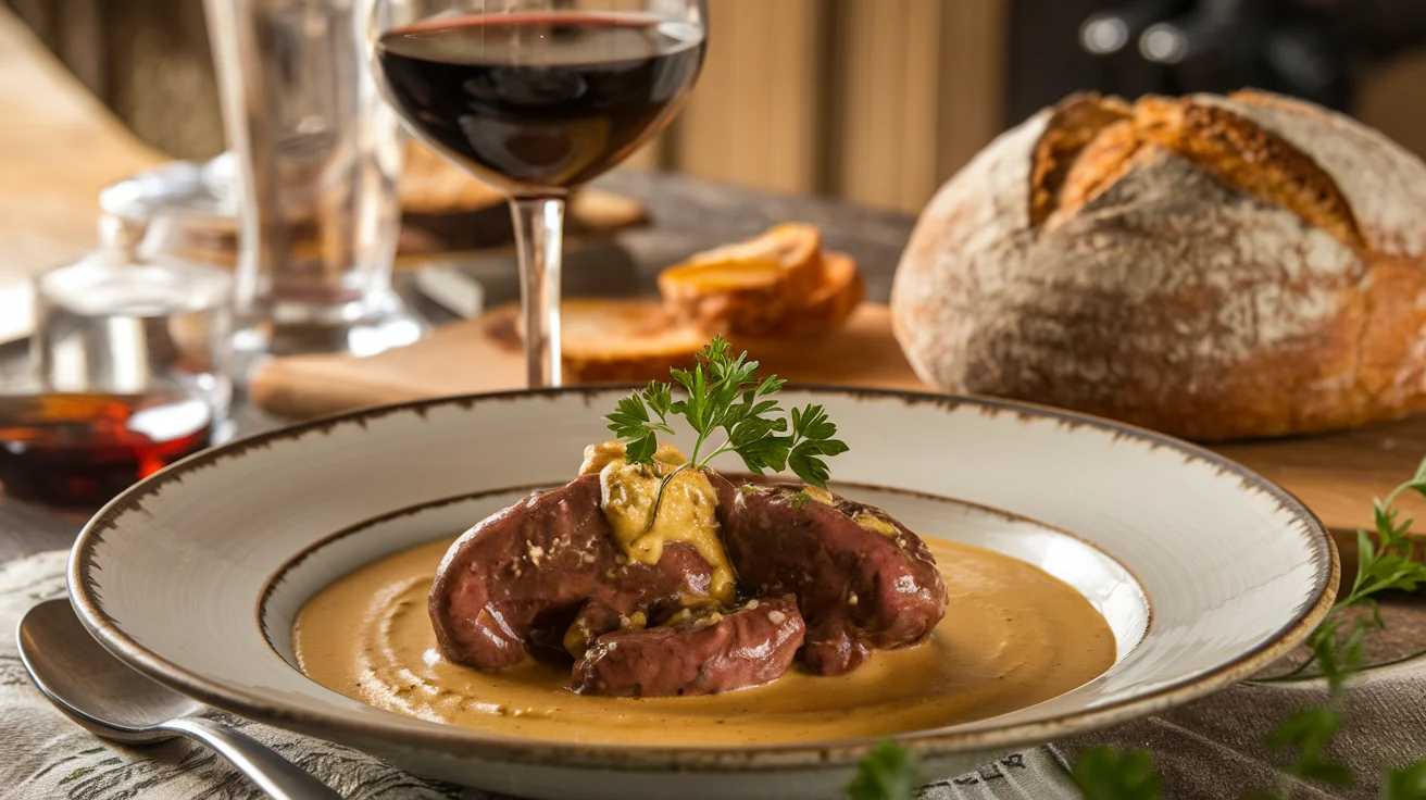 A gourmet plate of Rognons à la Moutarde, featuring tender beef kidneys in a creamy mustard sauce, garnished with fresh parsley, served with a glass of red wine and rustic bread in a cozy French kitchen setting.