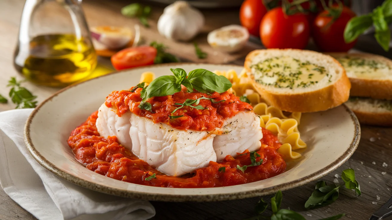 A plated halibut fillet topped with marinara sauce, garnished with fresh basil, served with pasta and garlic bread on a rustic white plate, with ingredients like tomatoes, garlic, and herbs scattered on a wooden table in the background.