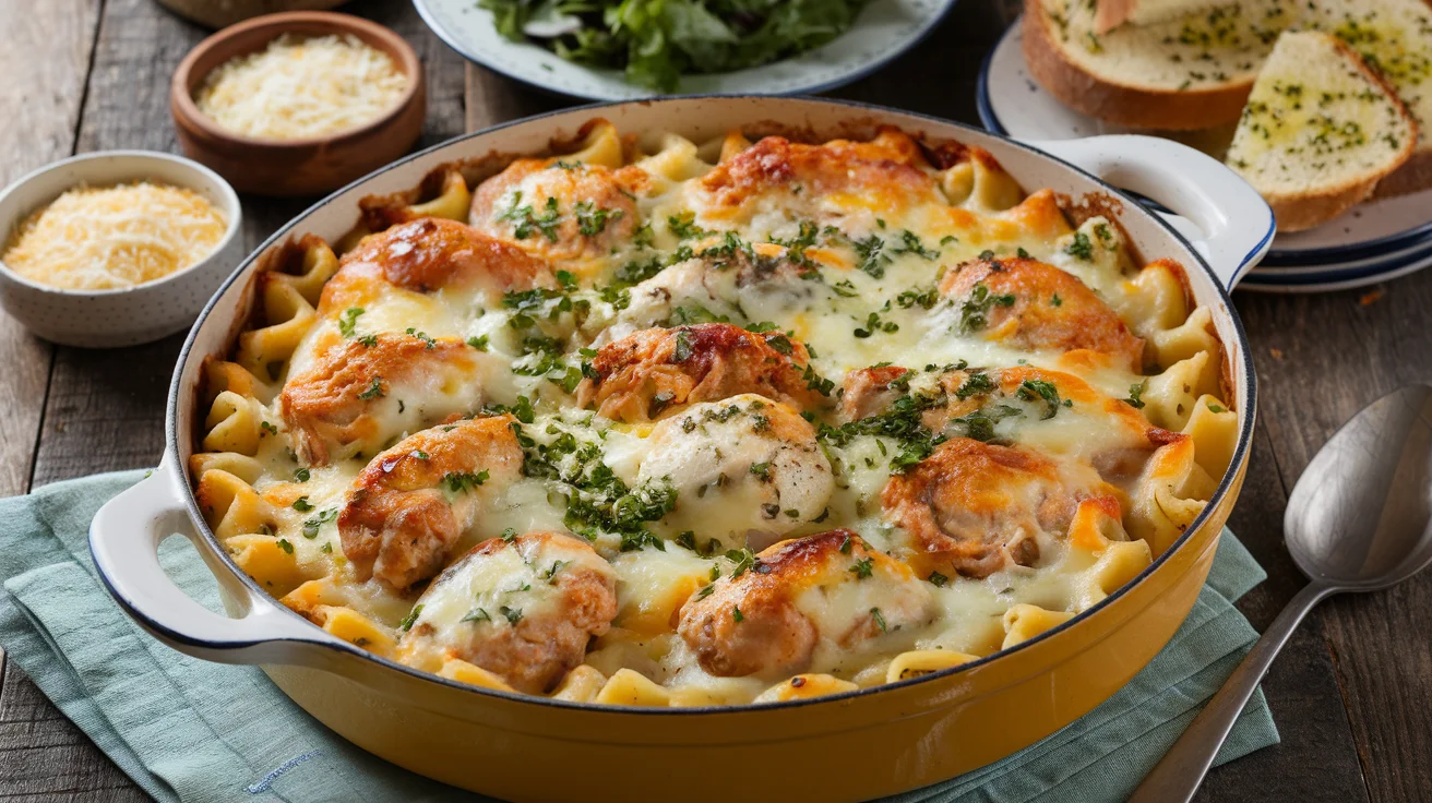 Golden-baked chicken tetrazzini in a casserole dish with bubbling melted cheese and parsley garnish, placed on a rustic wooden table with garlic bread and a green salad in the background.