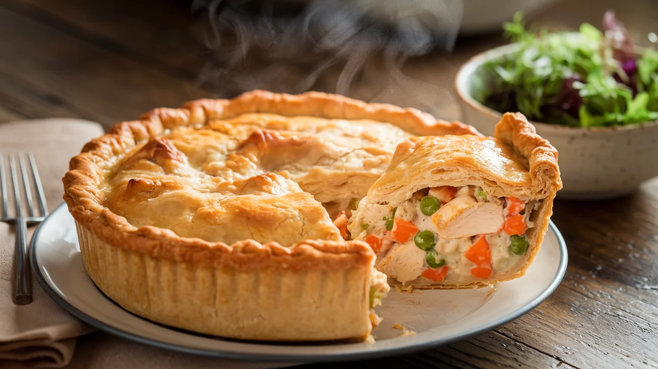 A golden chicken pot pie with a slice removed, revealing a creamy filling of chicken, peas, and carrots, served on a rustic table with a fresh green salad and fork.