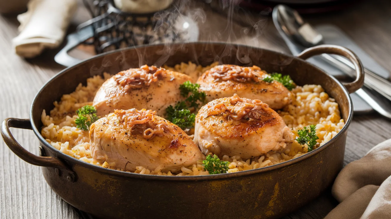 A rustic casserole dish filled with golden-brown baked chicken breasts on a bed of creamy rice, garnished with onion soup mix and parsley, with steam rising in a cozy kitchen setting.