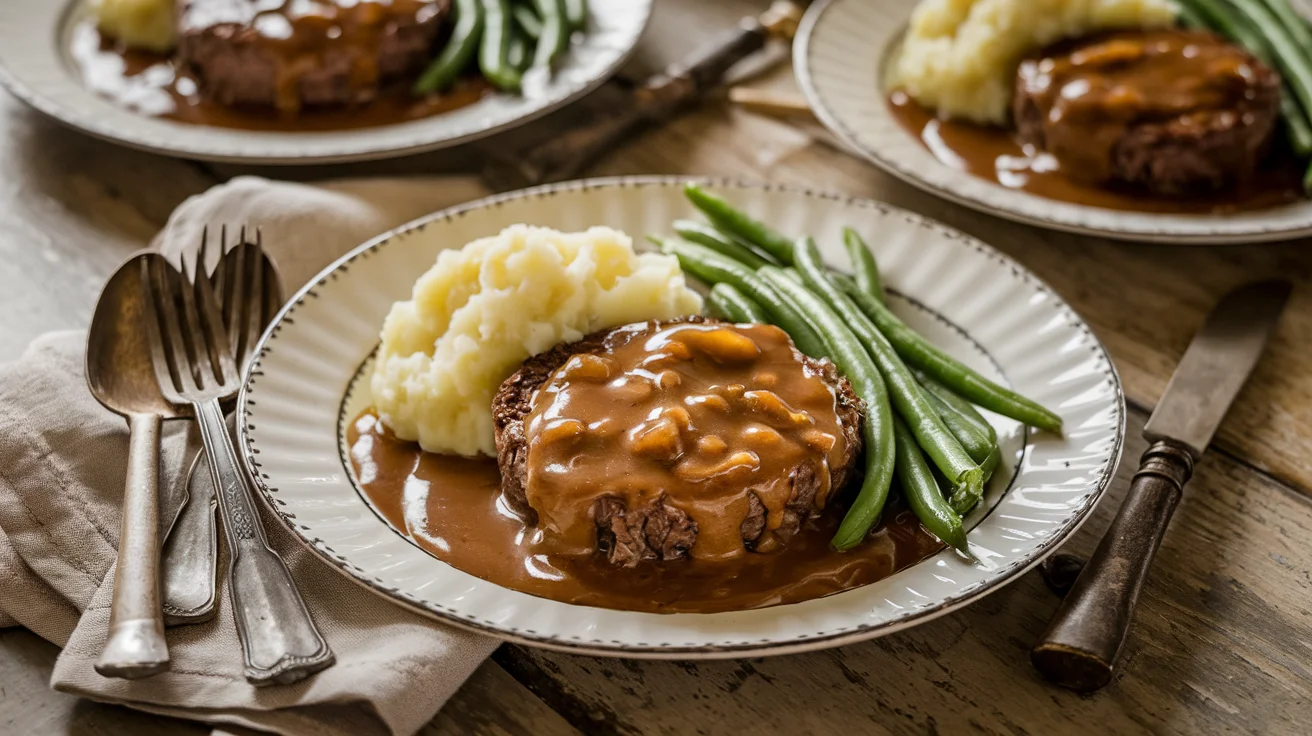 A plated old fashioned Salisbury steak with rich onion gravy, mashed potatoes, and green beans on a rustic dining table, creating a warm and nostalgic atmosphere.