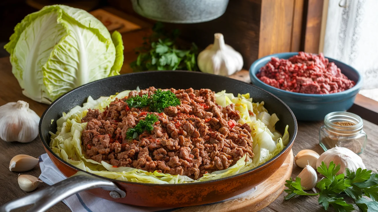 A rustic skillet filled with a freshly cooked ground beef cabbage recipe, garnished with parsley and red pepper flakes, surrounded by fresh cabbage, garlic, and spices on a wooden table