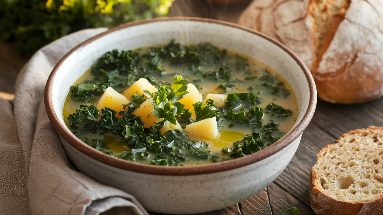 A steaming bowl of kale soup with vibrant green kale leaves, diced potatoes, and golden broth, garnished with parsley and a drizzle of olive oil, served with gluten-free bread on a rustic wooden table.