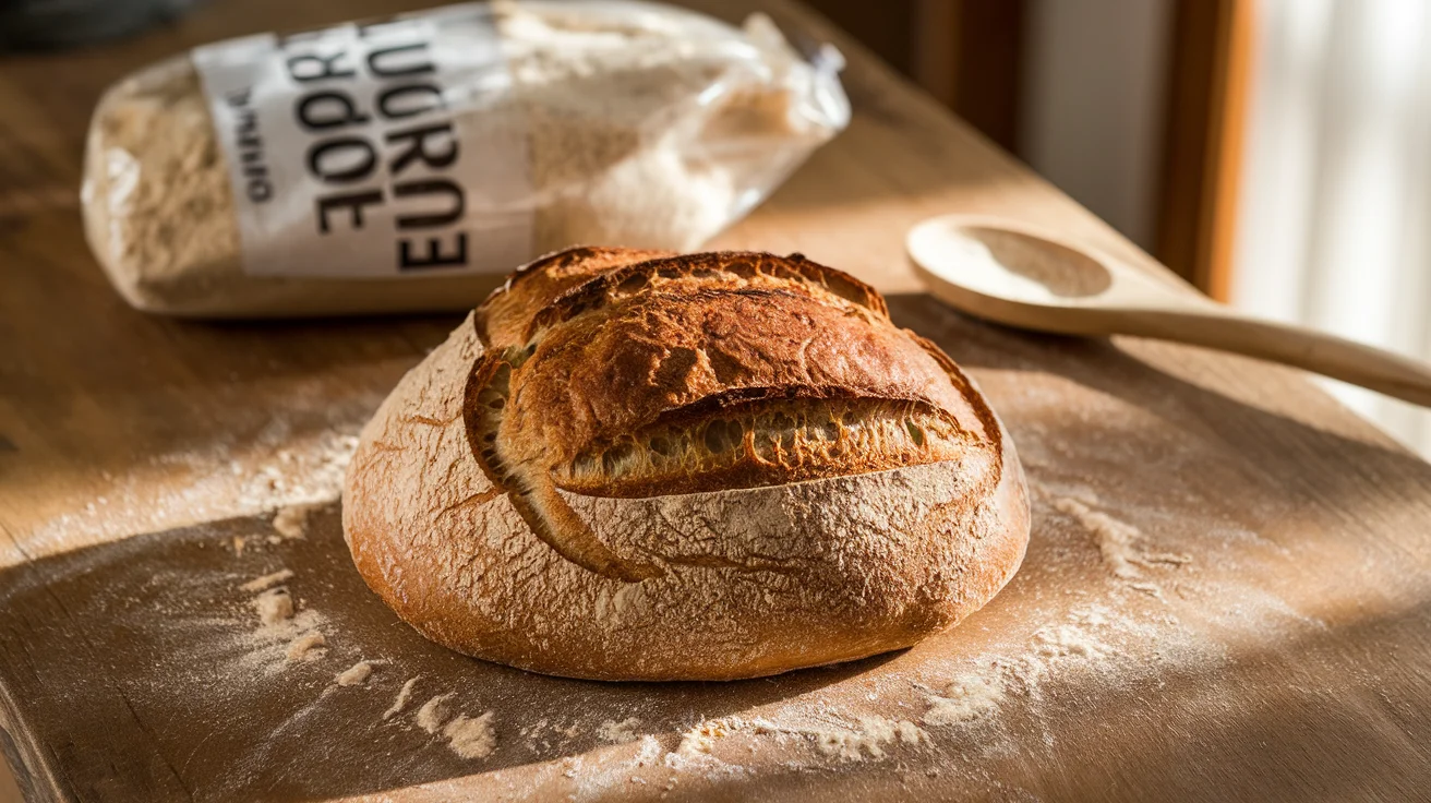 A golden-brown loaf of einkorn bread on a rustic wooden table, surrounded by scattered flour, a bag of einkorn flour, and a wooden spoon, bathed in natural sunlight.