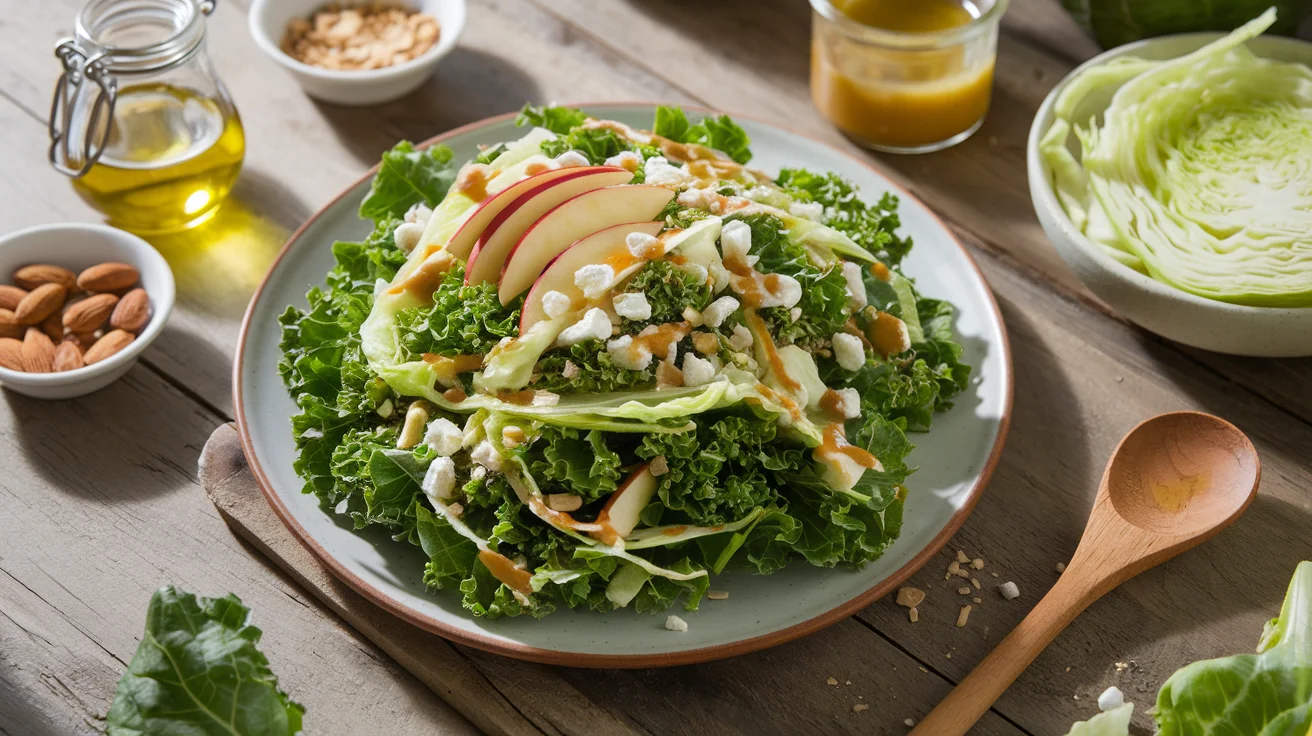 A vibrant Chick-fil-A kale salad served on a wooden table, featuring kale, sliced cabbage, toasted almonds, crumbled feta, apple slices, and a drizzle of Dijon vinaigrette, with key ingredients displayed in small bowls nearby."