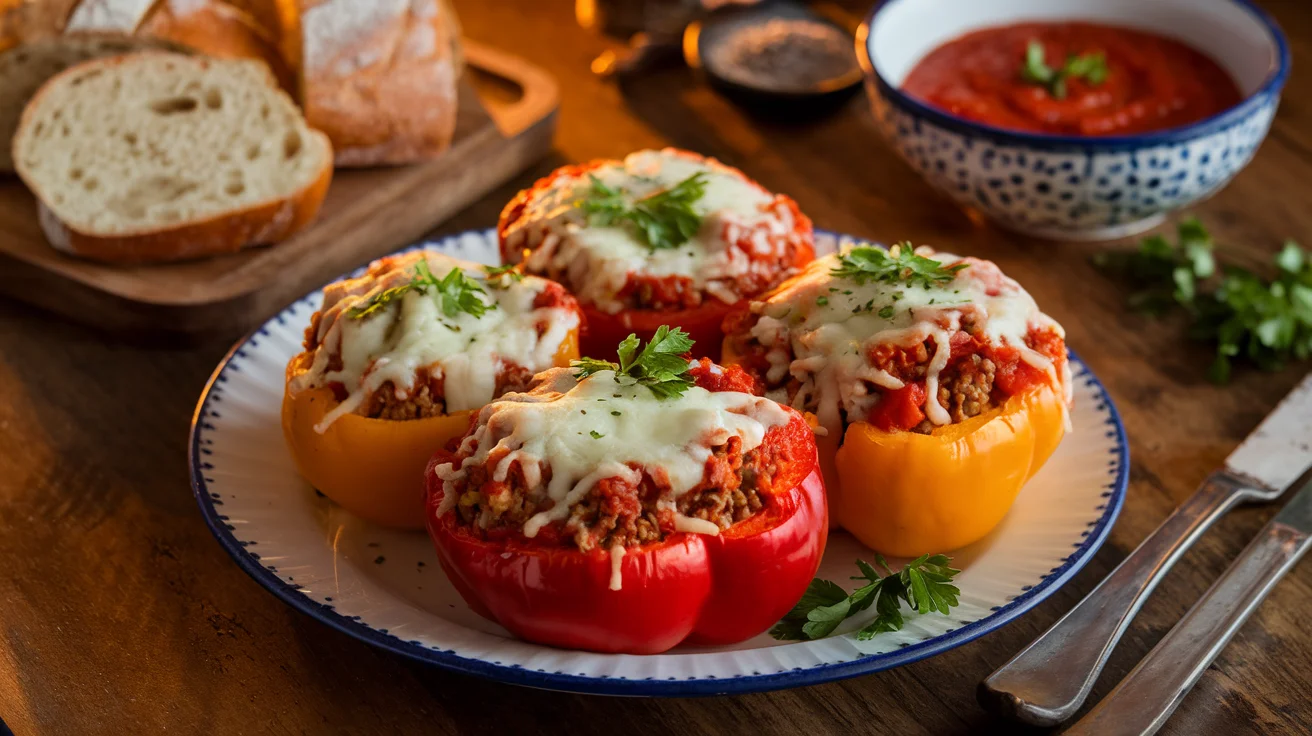 A plate of halved stuffed bell peppers filled with ground beef, rice, and tomato sauce, topped with melted cheese and garnished with parsley. The dish is served on a rustic table with sliced bread and a bowl of tomato sauce on the side.