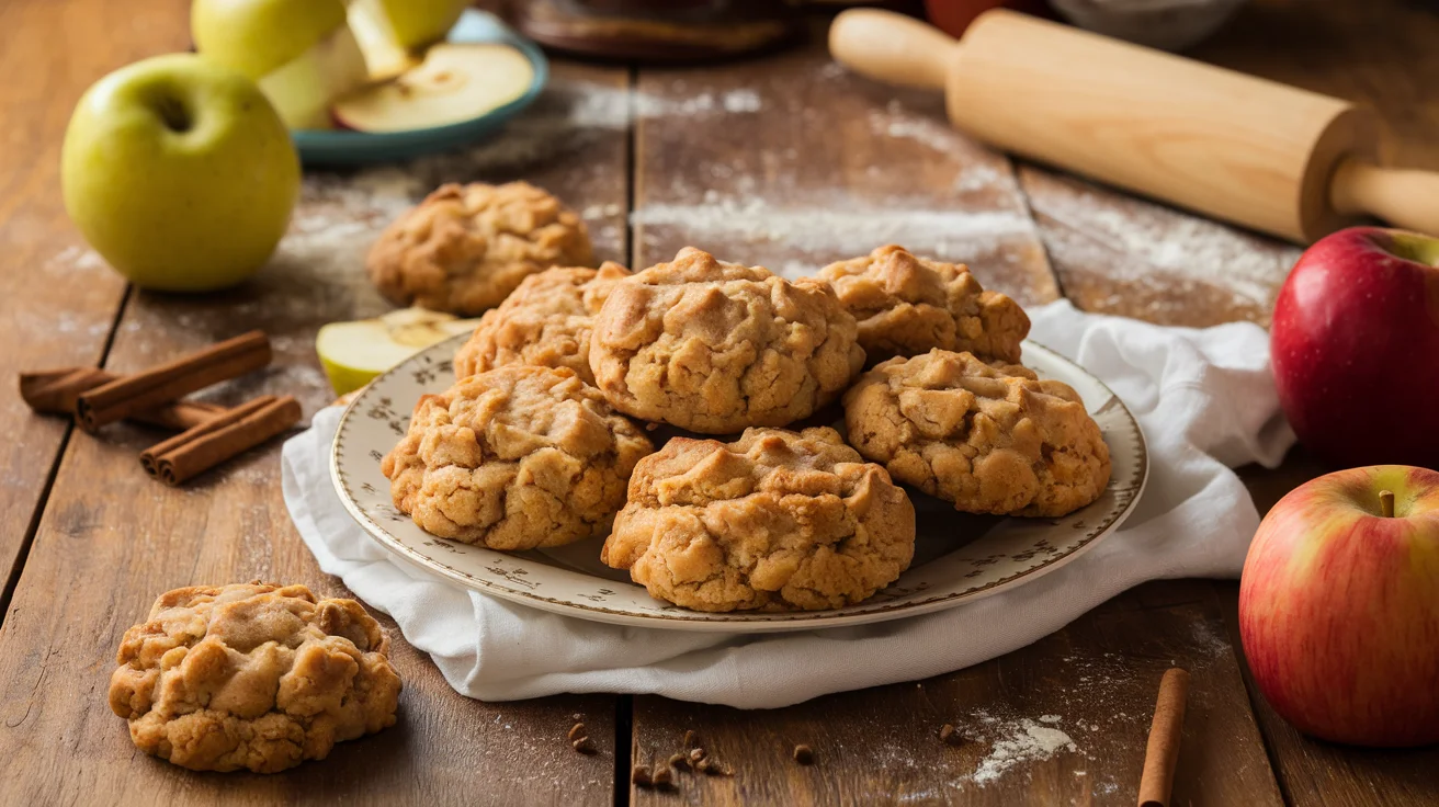 Tray of freshly baked apple cookies decorated with colorful icing, placed on a rustic wooden table surrounded by fresh apples, cinnamon sticks, flour, and a rolling pin, with warm natural light streaming in."