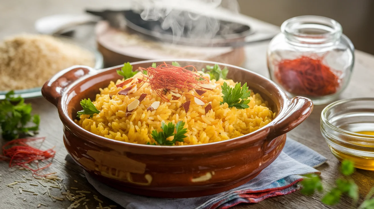 Steaming bowl of golden saffron rice in a rustic ceramic dish, garnished with saffron threads, parsley, and almonds, surrounded by rice and broth on a wooden table