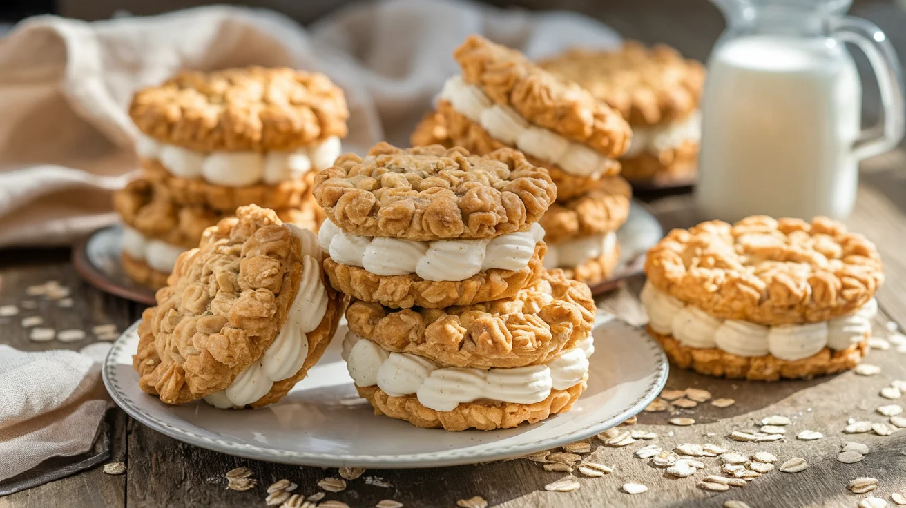 A stack of oatmeal cream pies with creamy filling on a rustic wooden table, surrounded by scattered oats, a jug of milk, and a soft beige linen cloth, with warm natural sunlight highlighting the scene.