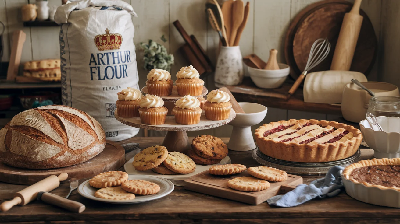 An assortment of baked goods including crusty artisan bread, golden cupcakes, cookies, and a pie on a rustic wooden table, with a sack of King Arthur Flour and baking tools like a whisk and rolling pin in the background.