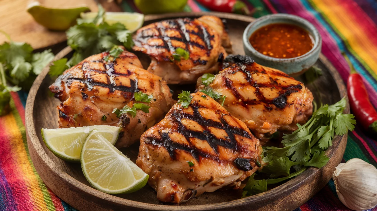 Grilled chicken thighs with char marks on a wooden plate, garnished with lime wedges and fresh cilantro, surrounded by Tex-Mex elements like chili peppers and garlic on a striped tablecloth.