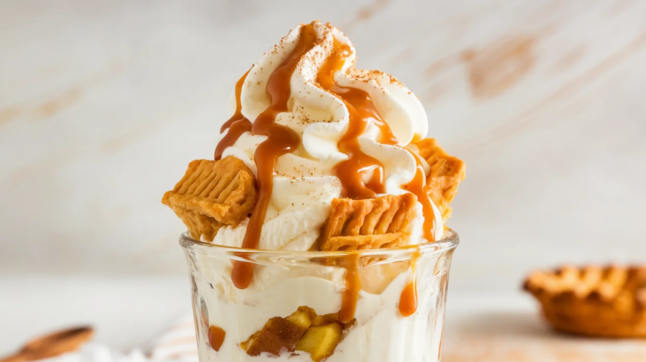 A close-up view of a McFlurry dessert in a glass cup, featuring creamy vanilla soft serve mixed with chunks of golden apple pie, topped with caramel drizzle and a sprinkle of cinnamon, placed on a white background.